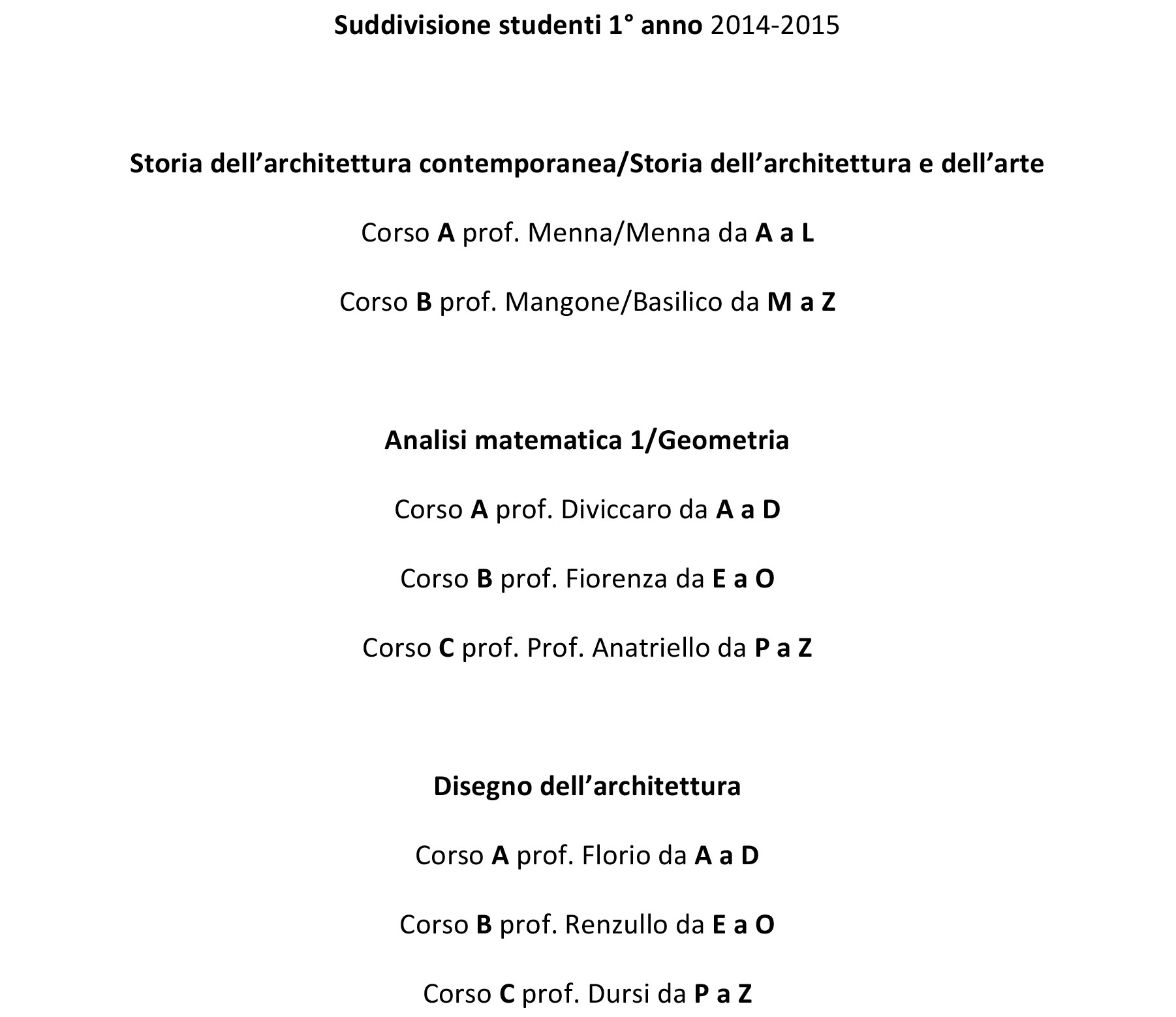 I ANNO suddivisione studenti 2014 